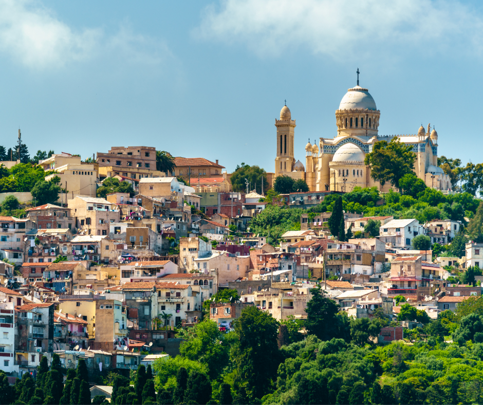 Notre Dame d'Afrique basilica on the hill above the houses of Bologhine, Algiers
