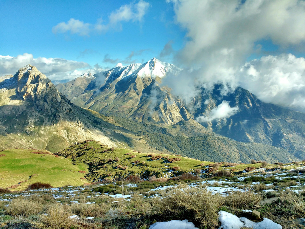 Snow-capped Djurdjura peaks above green slopes in Kabylie