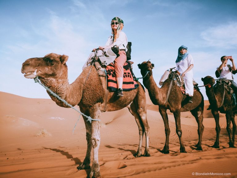 Smiling travelers riding a line of camels across orange desert dunes