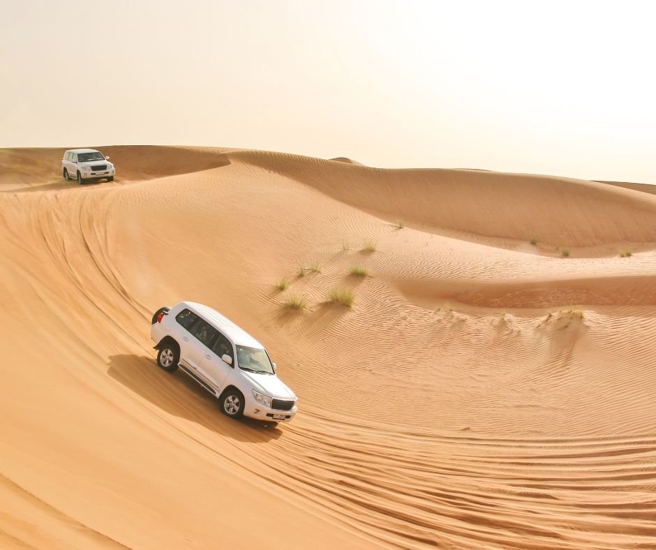 Two white 4x4 vehicles driving across golden sand dunes