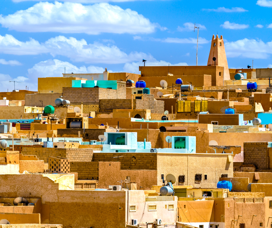 Flat-roofed houses and a minaret in Ghardaia in the M'Zab valley