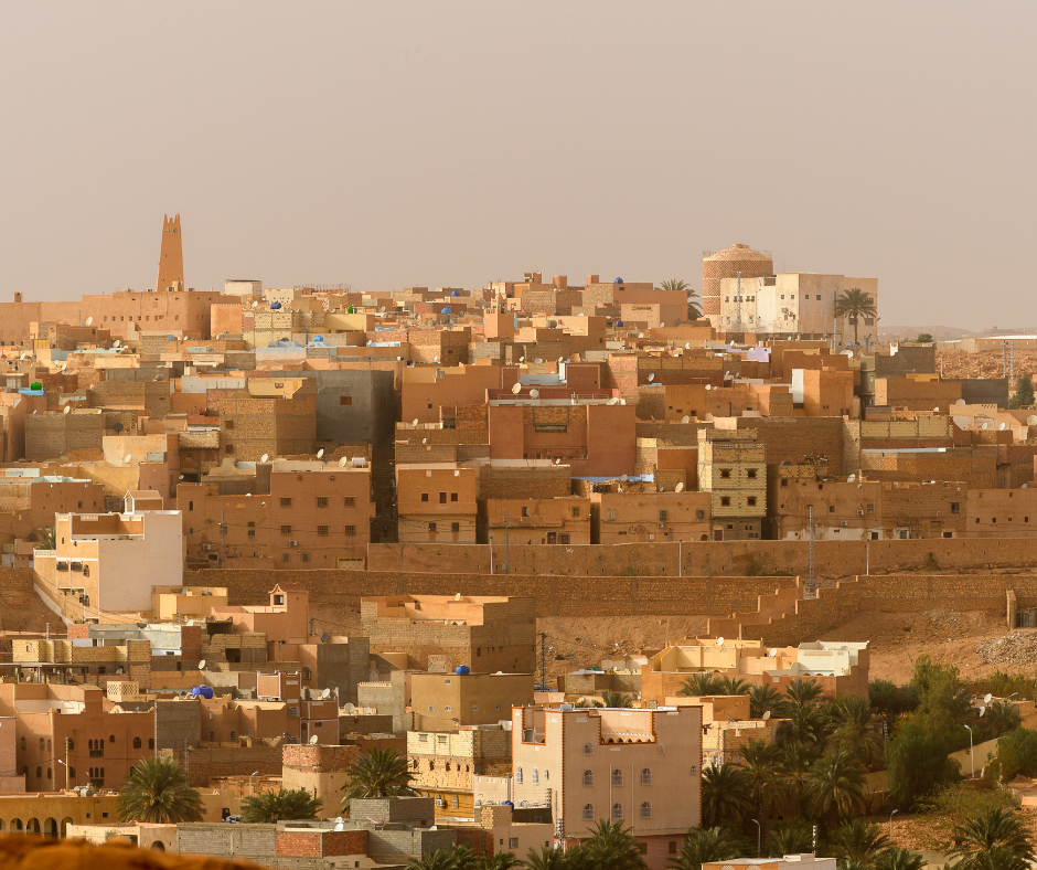 Sand-colored houses and a minaret of Ghardaia in the M'zab valley