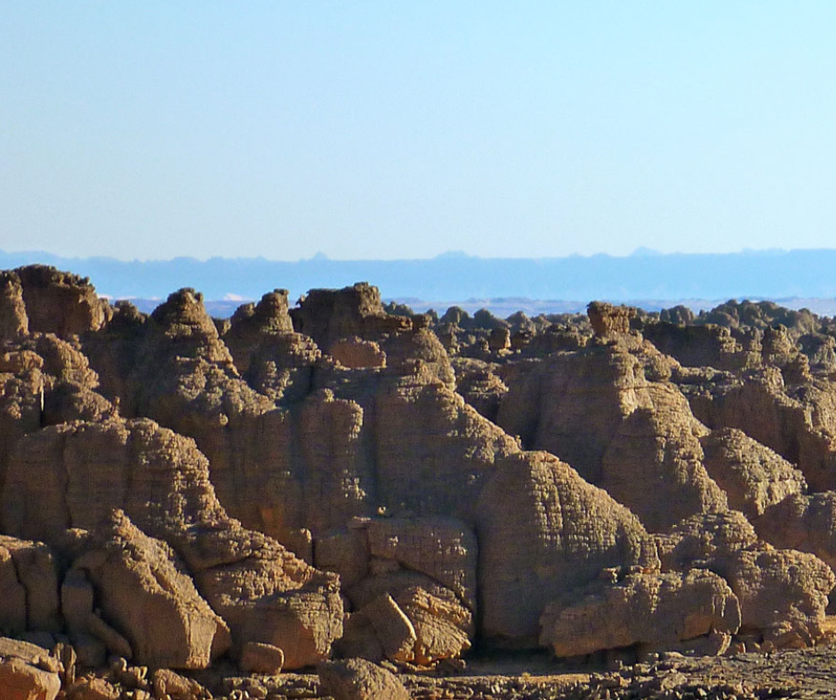 Weathered sandstone rock formations stretching toward a hazy horizon in the Tassili n'Ajjer