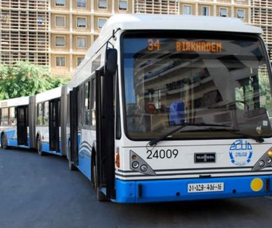 Articulated blue and white ETUSA city bus on line 34 to Birkhadem