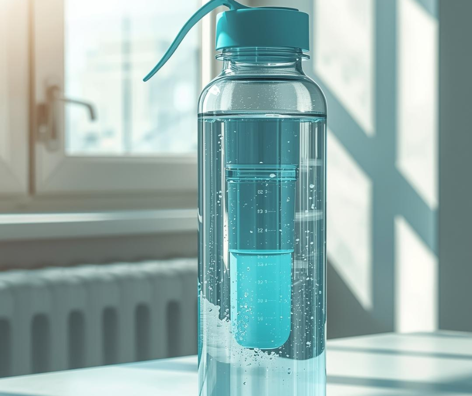 Reusable water bottle with a built-in filter on a sunny windowsill