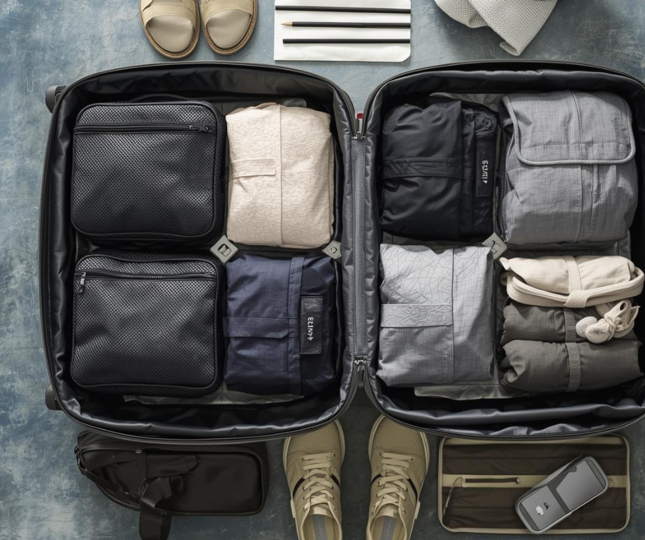 Open suitcase with neatly packed clothes, shoes and a power bank