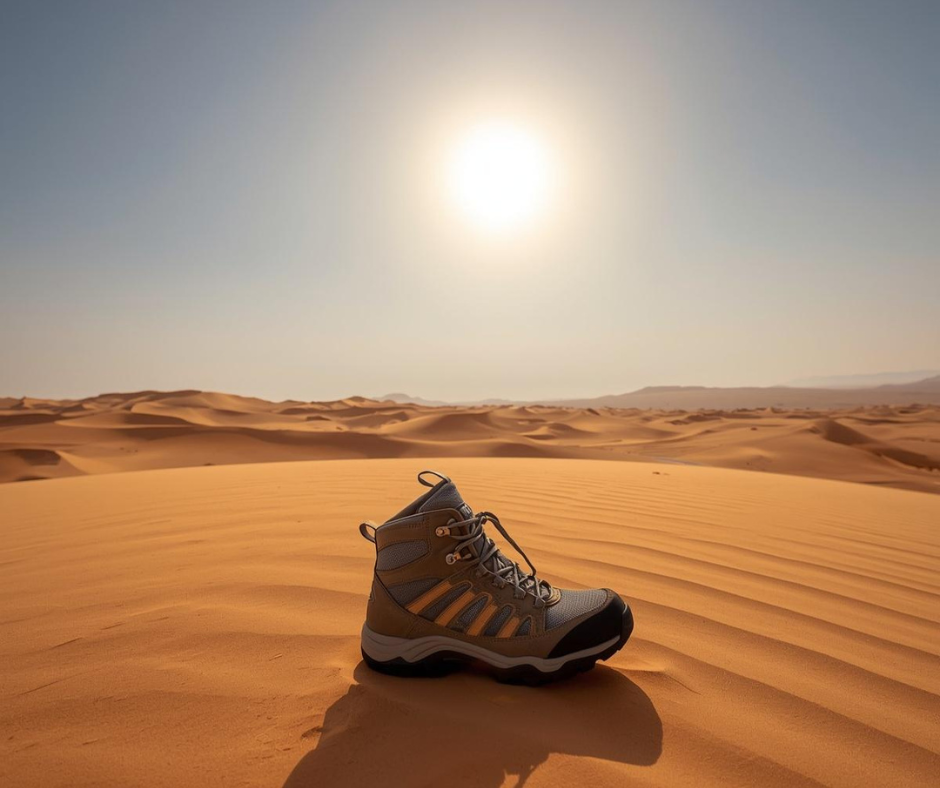 Hiking boot standing alone on a sand dune under a bright sun