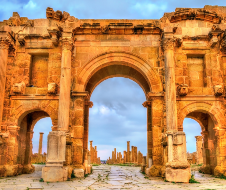 Triumphal arch with columns at the Roman ruins of Timgad