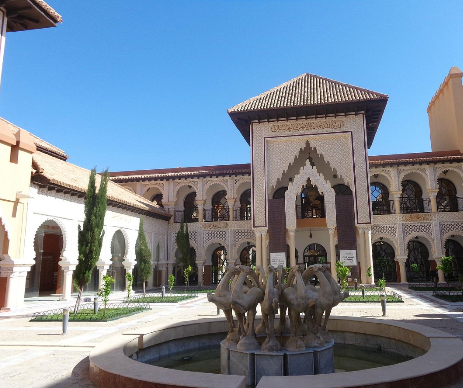 Moorish-style courtyard with a fountain of sculpted animals in Tlemcen
