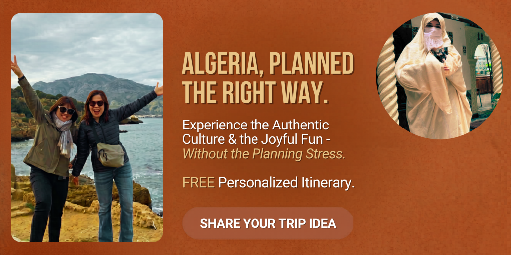 WildyNess banner offering a free personalized Algeria itinerary, with two travelers on a coast
