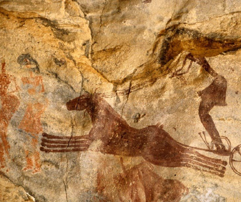 Rock painting of a horse pulling a chariot at a Tassili n'Ajjer shelter