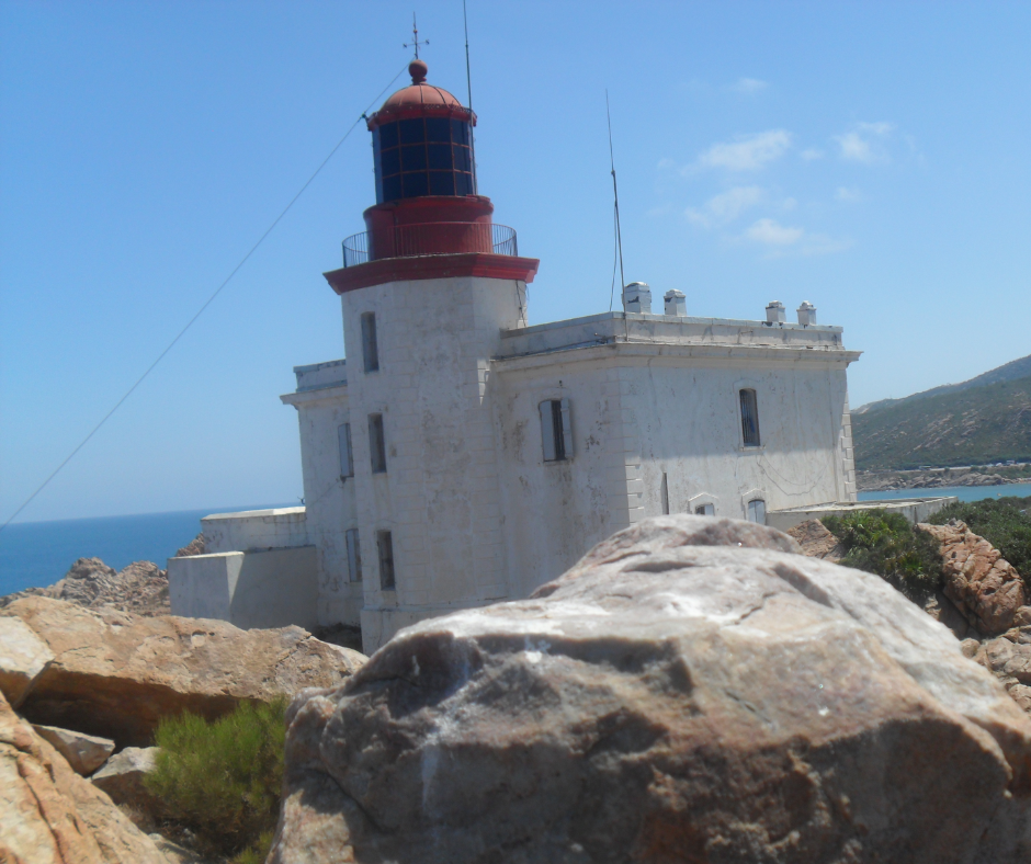 Red-topped Ras El Afia lighthouse on its rocky headland near Jijel