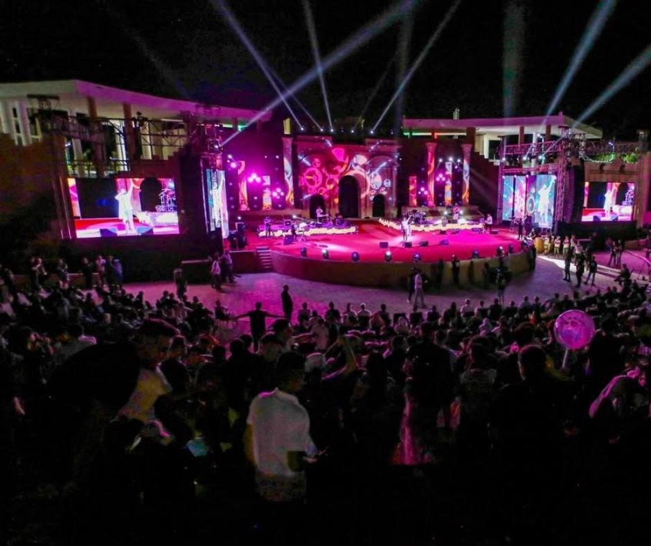 Crowd watching a lit outdoor stage at night during a festival