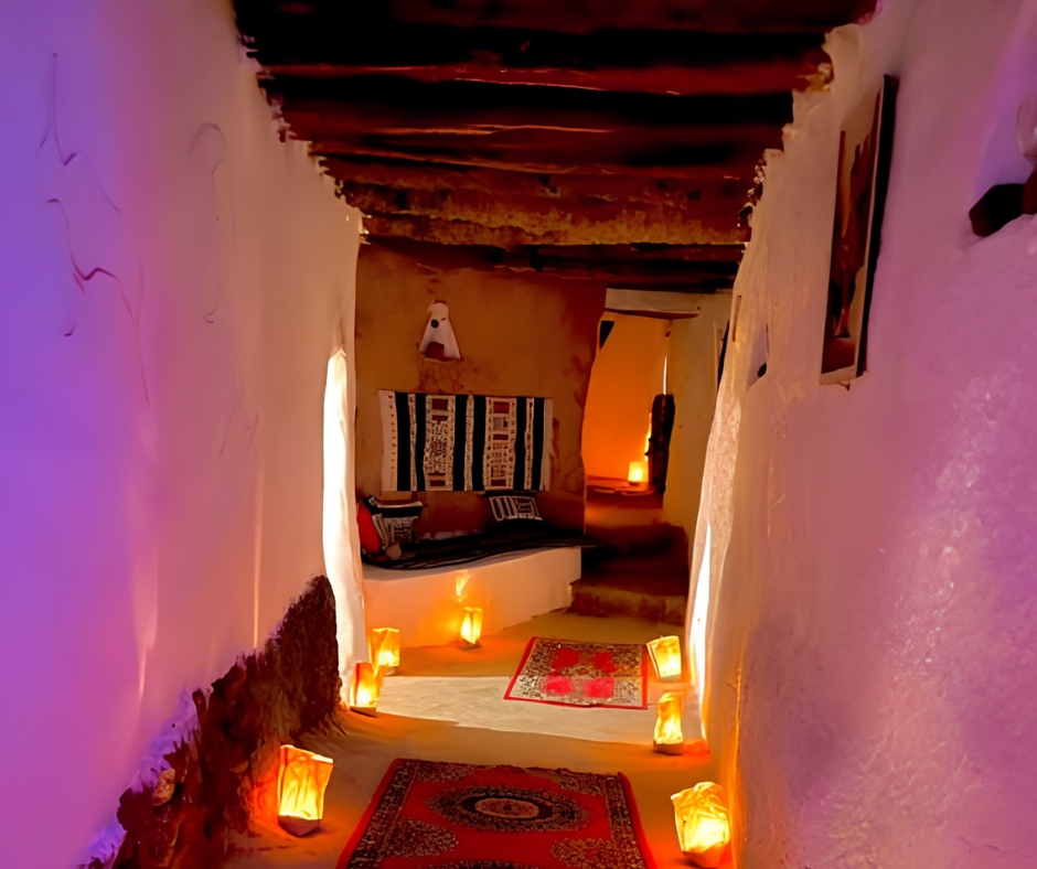Candlelit corridor in a traditional clay house with rugs and cushions