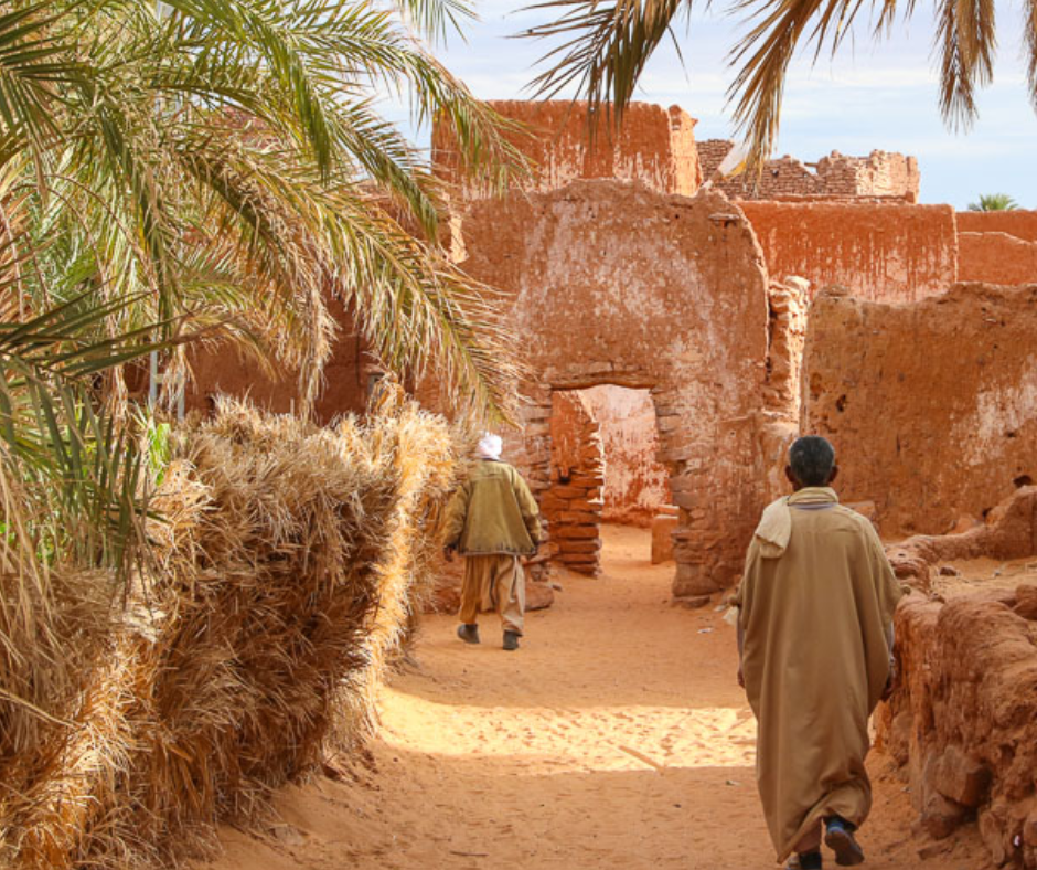 Two men in robes walking through a palm grove past mud-brick walls